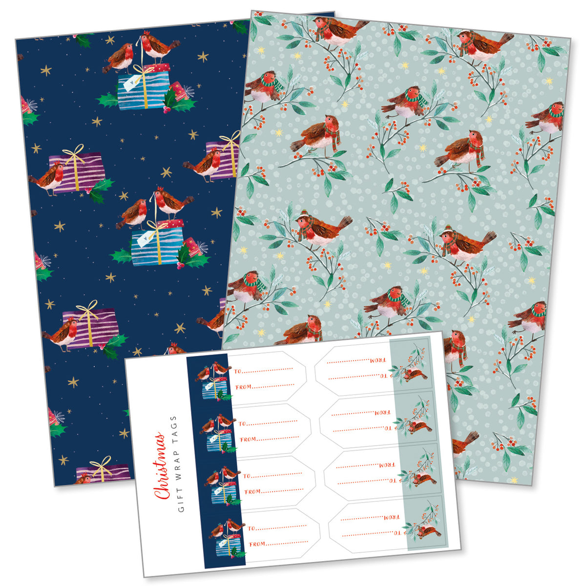 Two sheets of Christmas-themed wrapping paper with robin birds and presents, and a sheet of gift wrap tags.