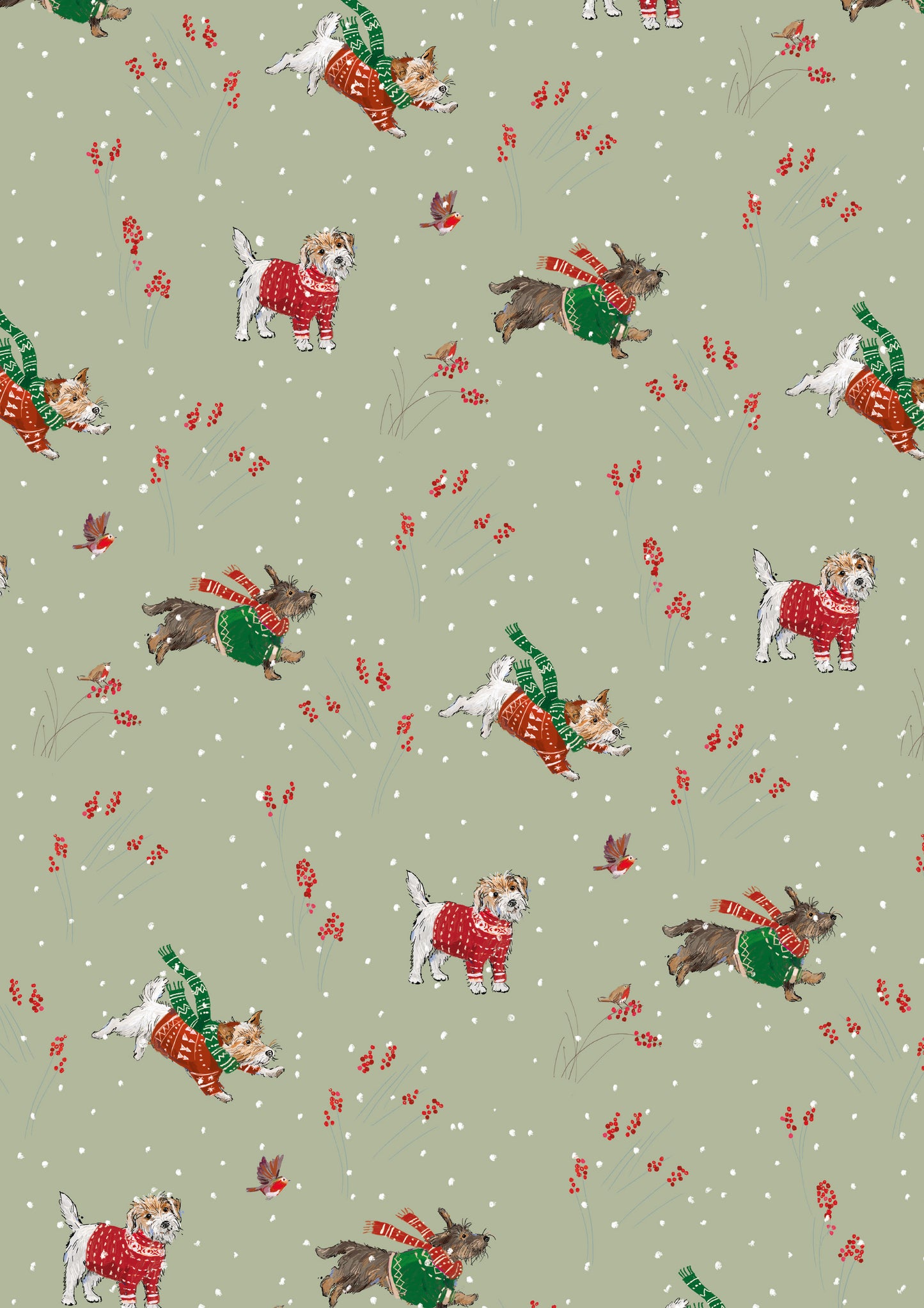 Pattern of dogs in sweaters and scarves on a light green background with small red flowers and robins.