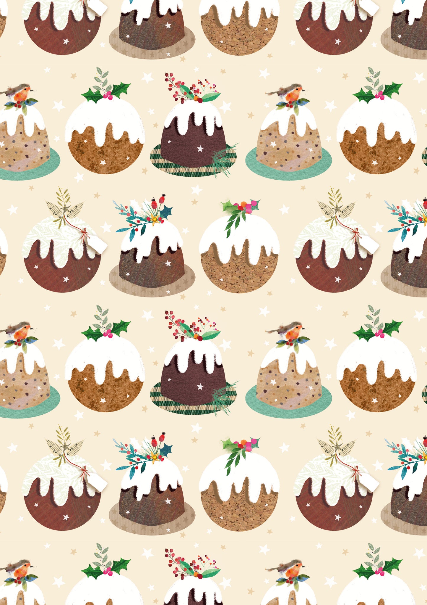 Pattern of Christmas puddings with decorative elements on a beige background
