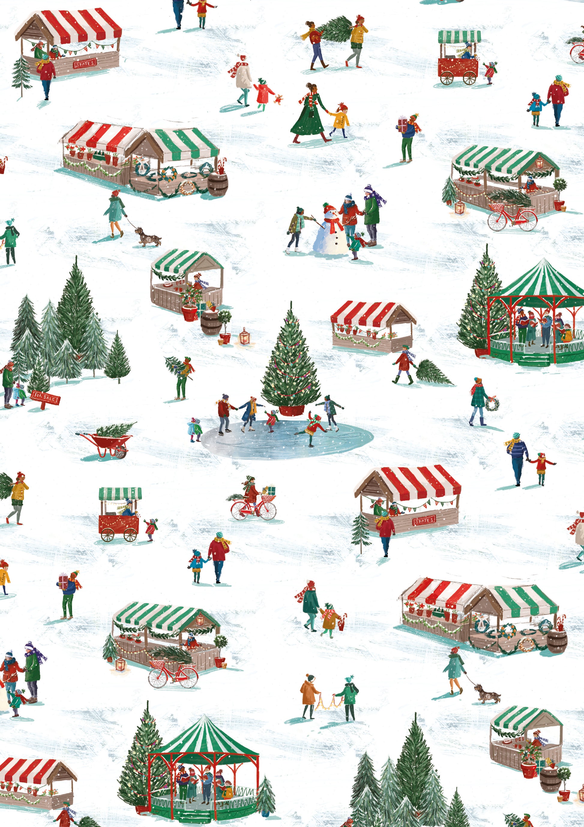 Christmas-themed pattern with people, trees, and market stalls on a white background