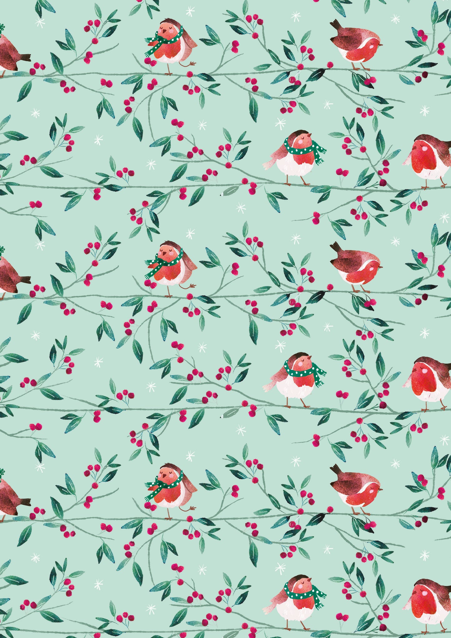 Pattern of robins and holly berries on a light green background