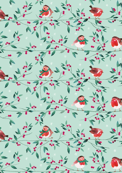 Pattern of robins and holly berries on a light green background