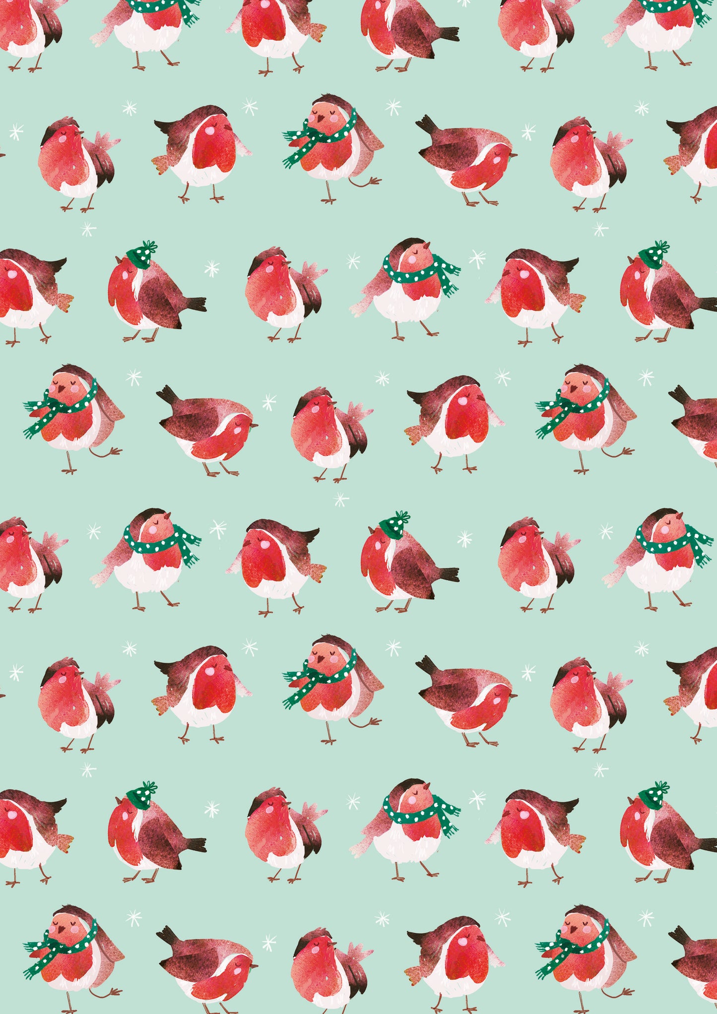 Pattern of robins with green hats and scarves on a light green background
