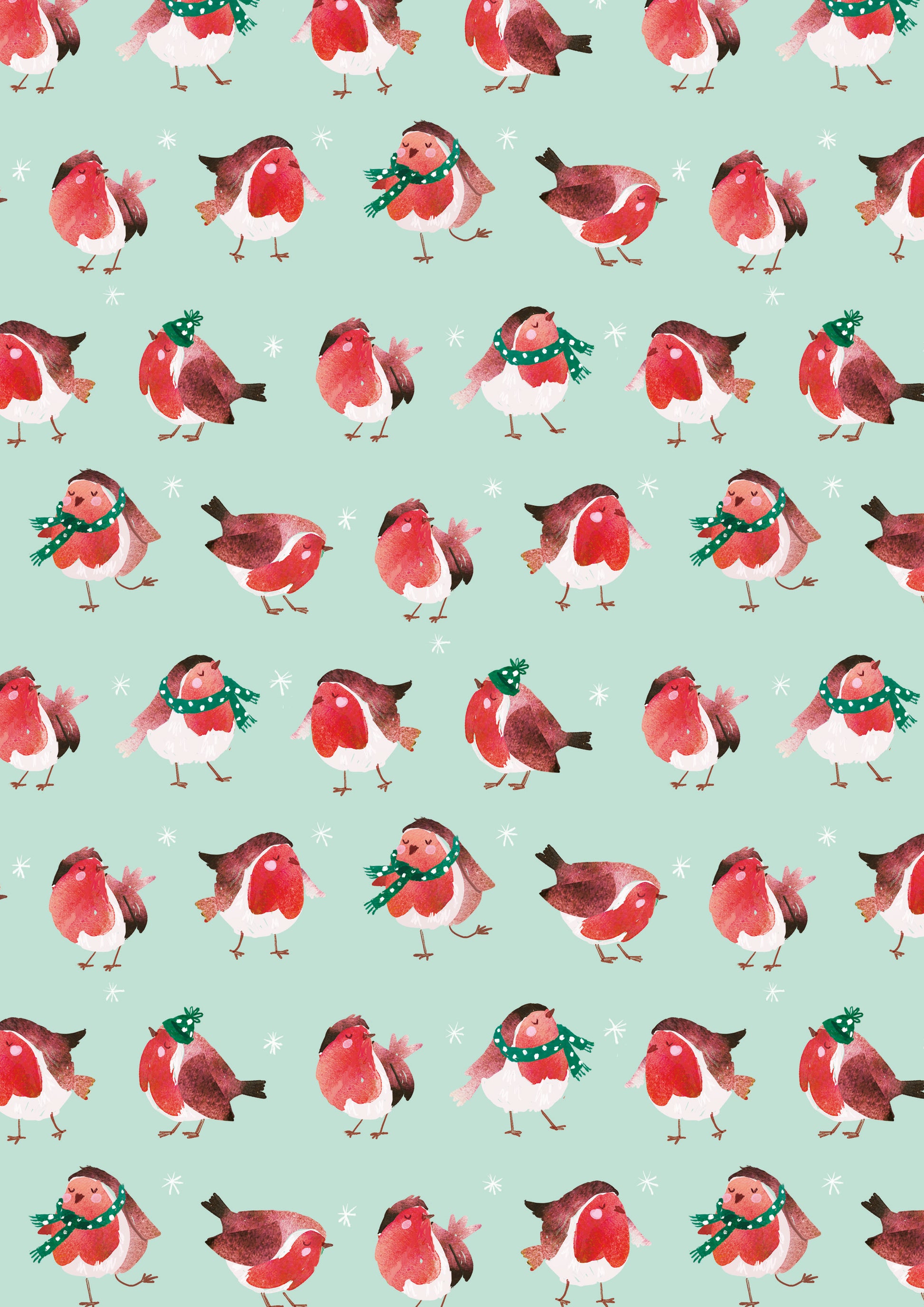 Pattern of robins with green hats and scarves on a light green background