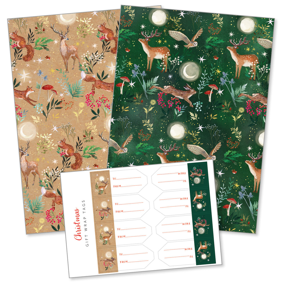 Two sheets of Christmas-themed wrapping paper with woodland animals, moons and foliage, and a sheet of gift wrap tags.