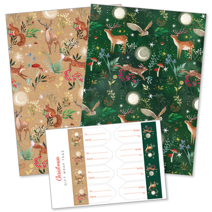 Two sheets of Christmas-themed wrapping paper with woodland animals, moons and foliage, and a sheet of gift wrap tags.