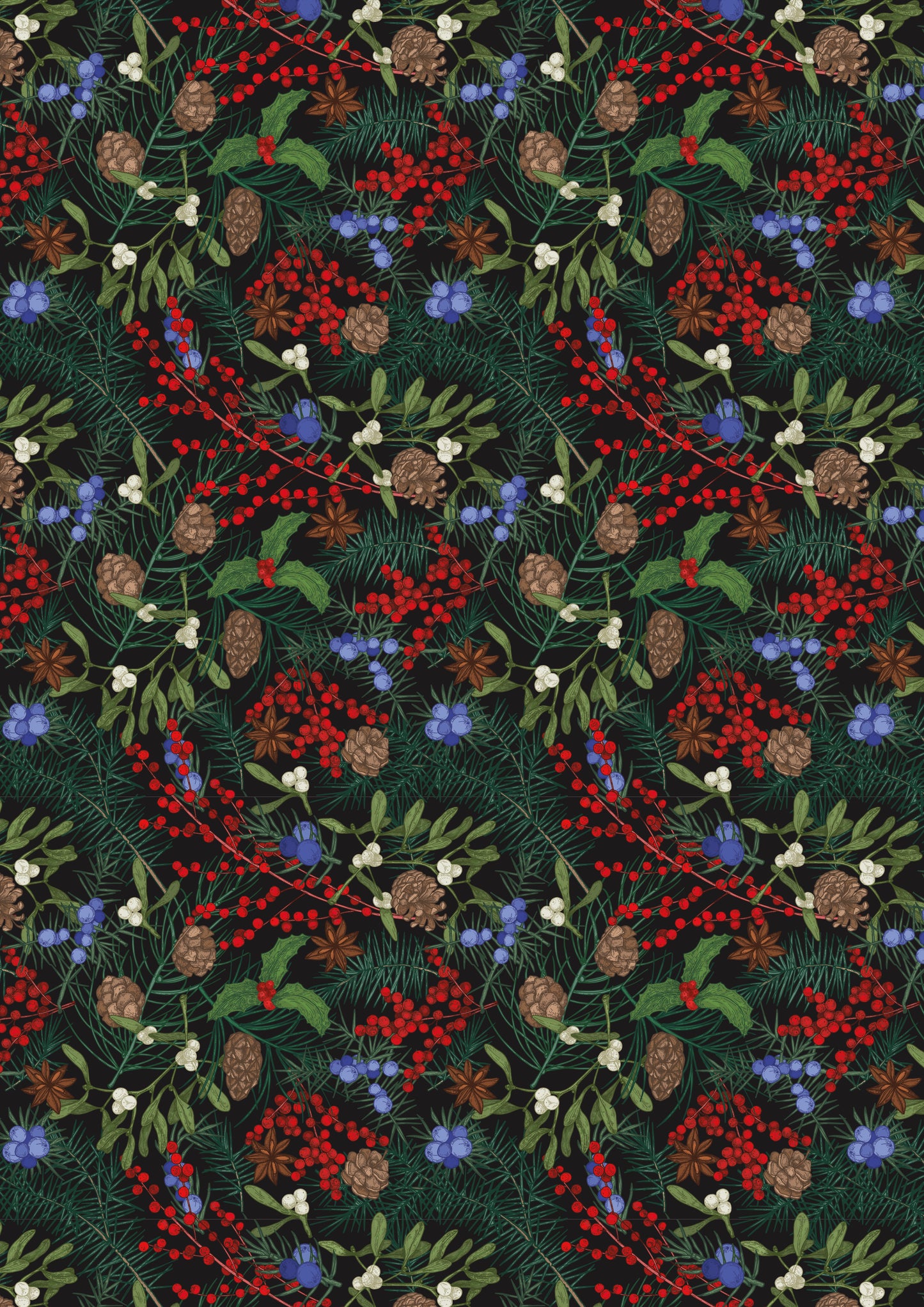 Pattern of red berries, green leaves, brown pine cones and blue flowers on a dark background