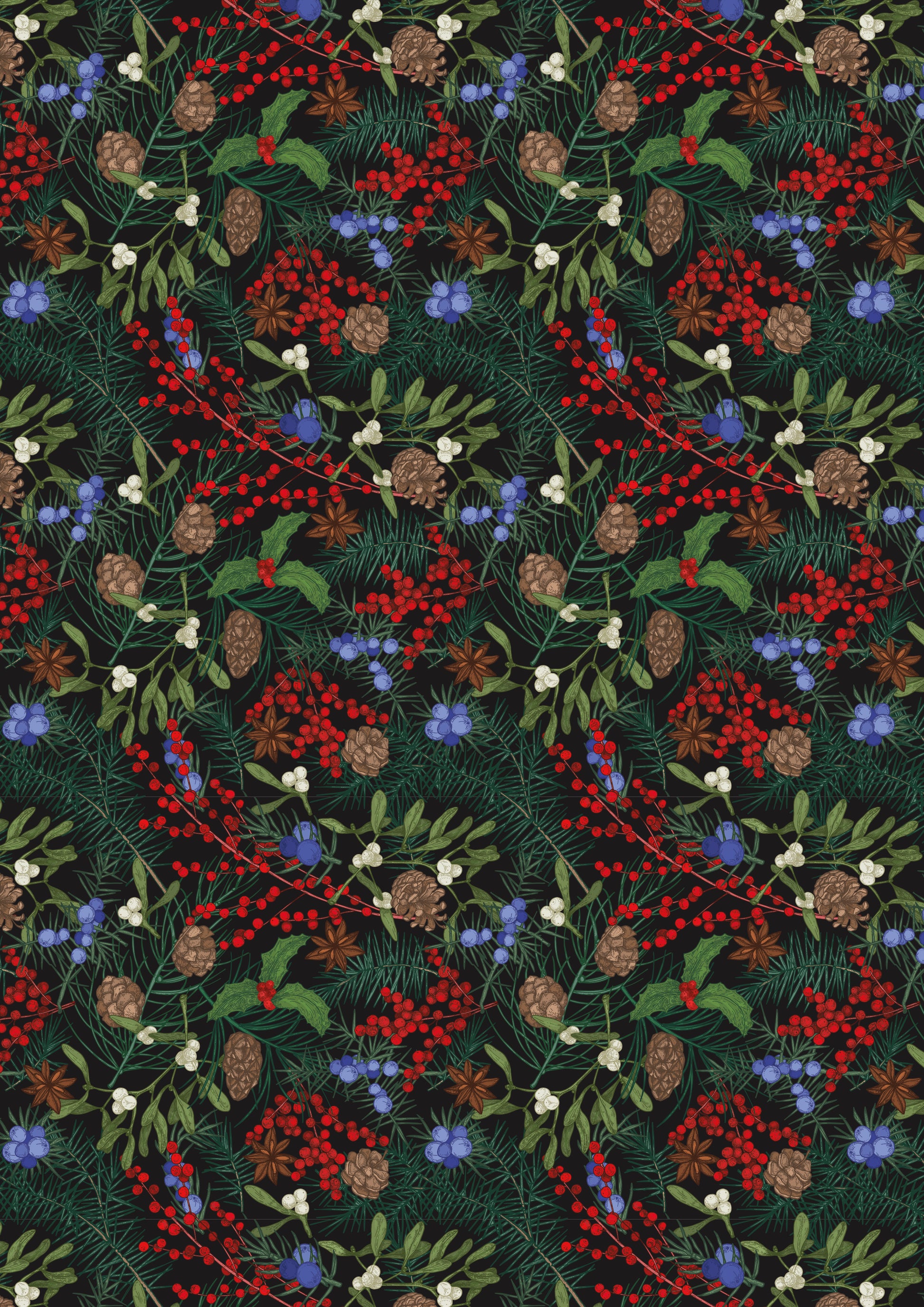 Pattern of red berries, green leaves, brown pine cones and blue flowers on a dark background