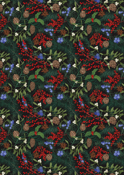 Pattern of red berries, green leaves, brown pine cones and blue flowers on a dark background