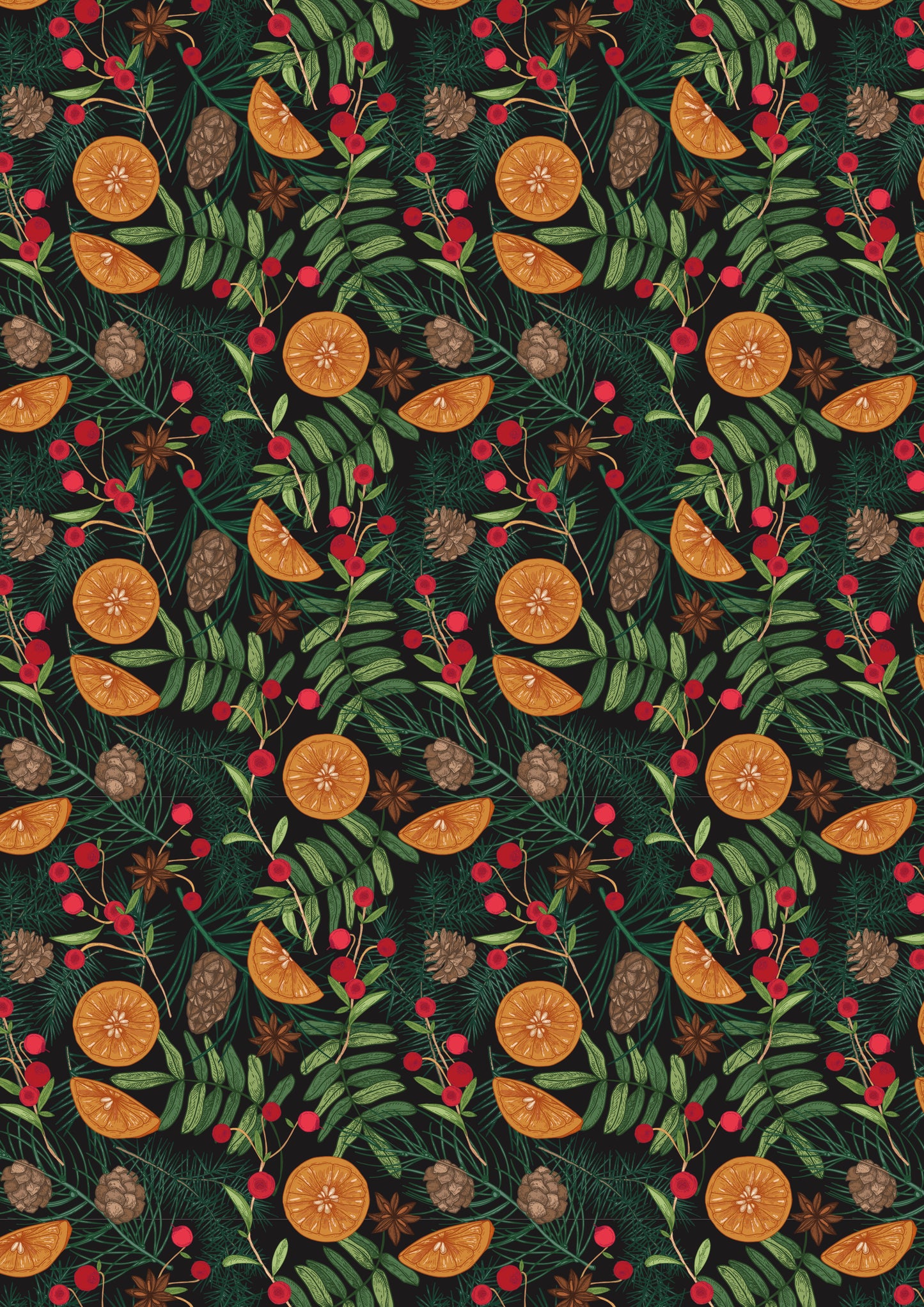 Pattern of orange slices, green leaves, brown pine cones and red berries on a dark background