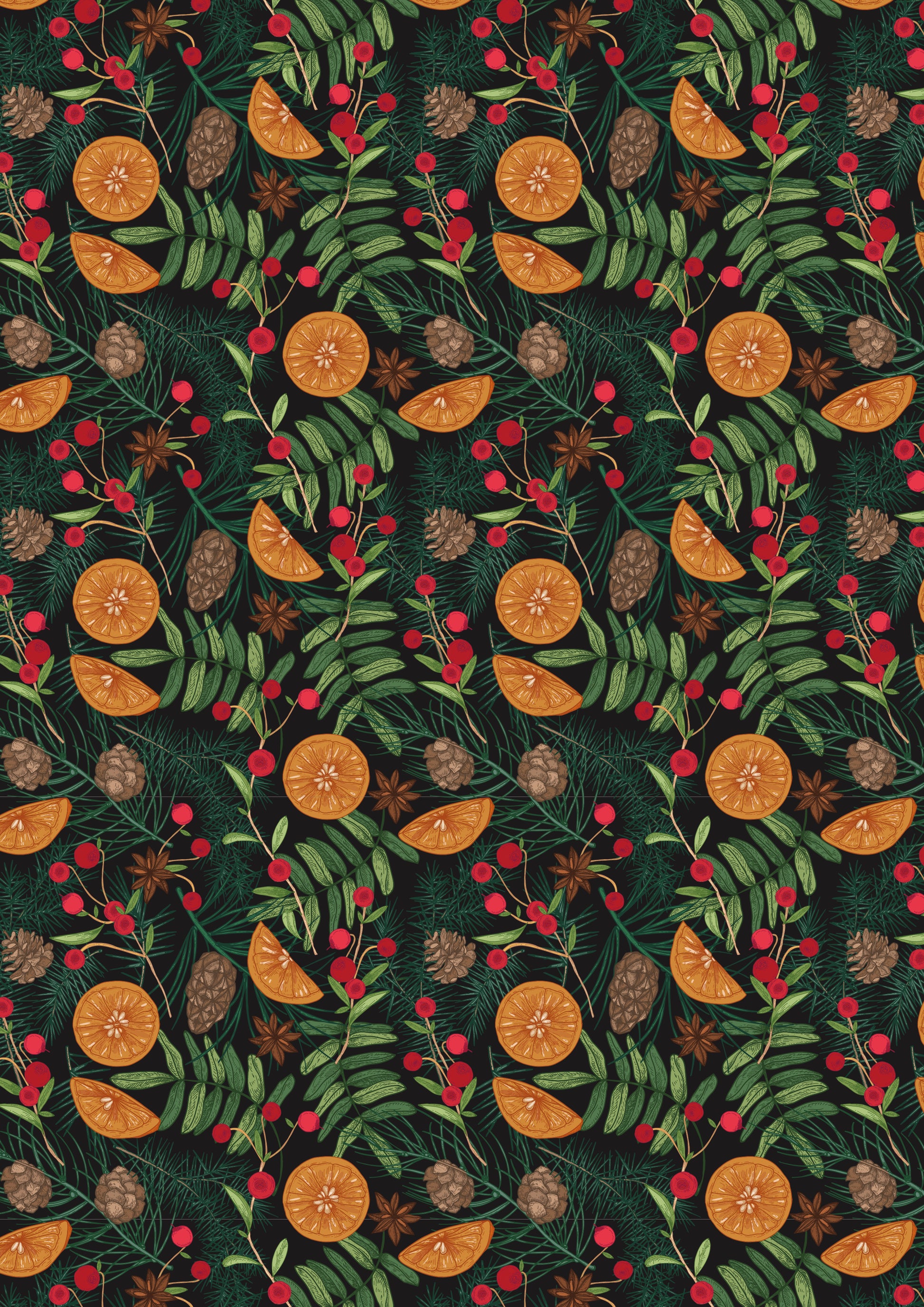 Pattern of orange slices, green leaves, brown pine cones and red berries on a dark background