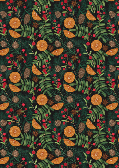 Pattern of orange slices, green leaves, brown pine cones and red berries on a dark background