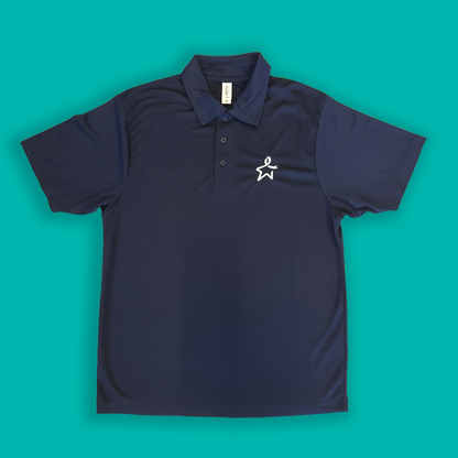 Flat lay of a French navy polo shirt featuring a white Star of Hope emblem on the left side of the chest