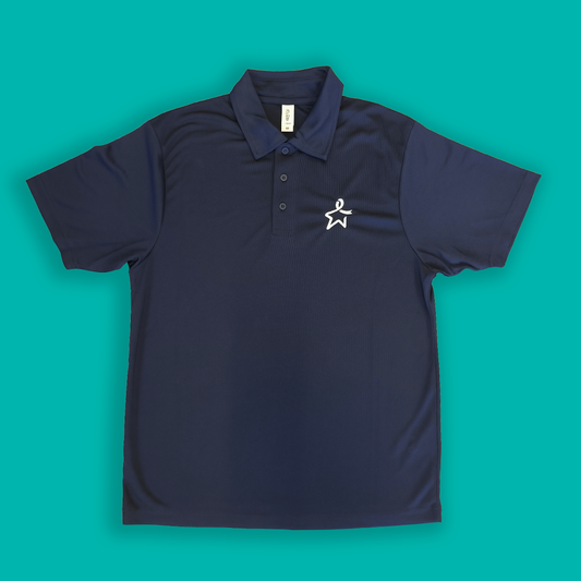 Flat lay of a French navy polo shirt featuring a white Star of Hope emblem on the left side of the chest