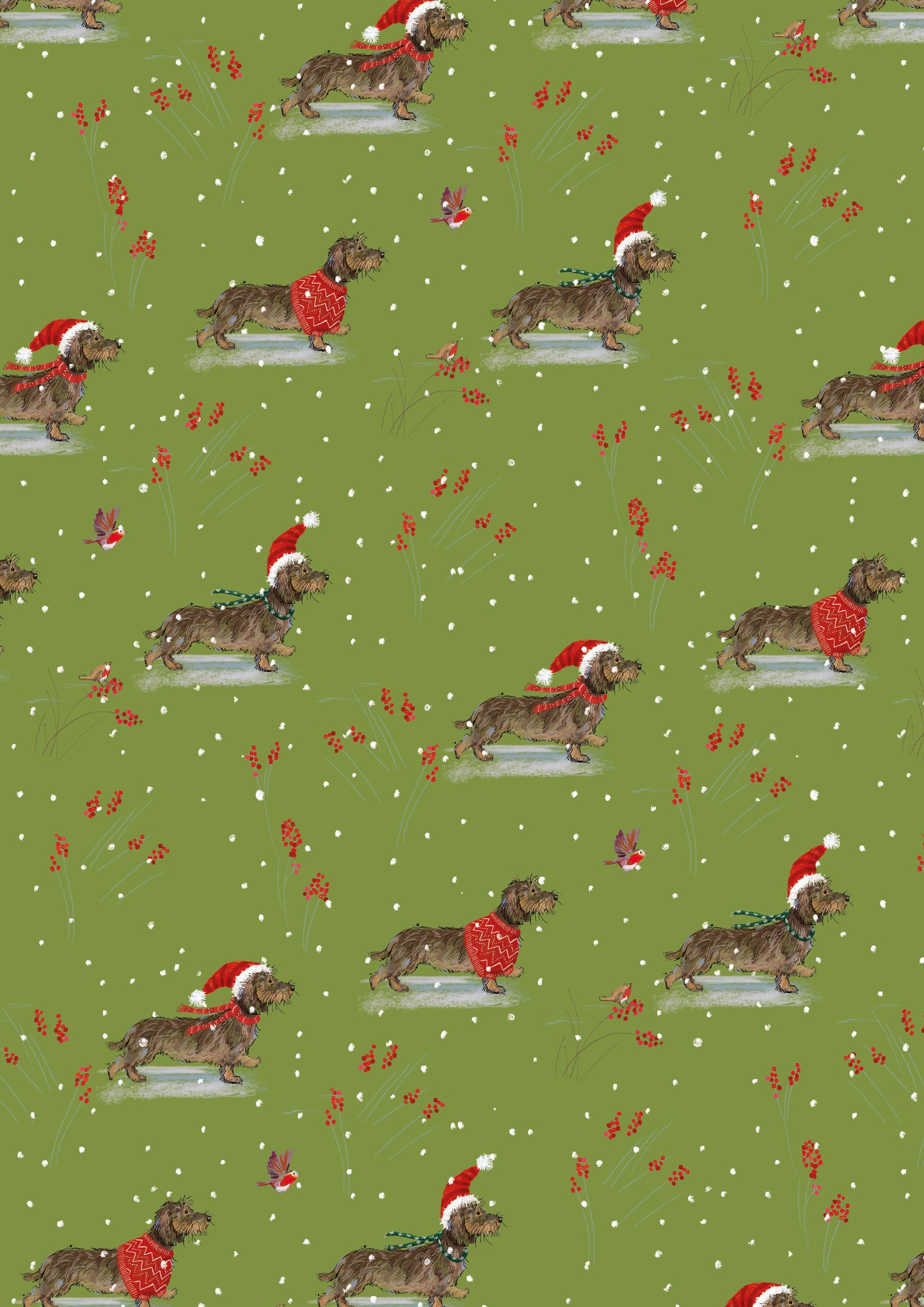 Pattern of brown dogs wearing red santa hats, red jumpers and scarves,  on a light green background with small red flowers and robins.