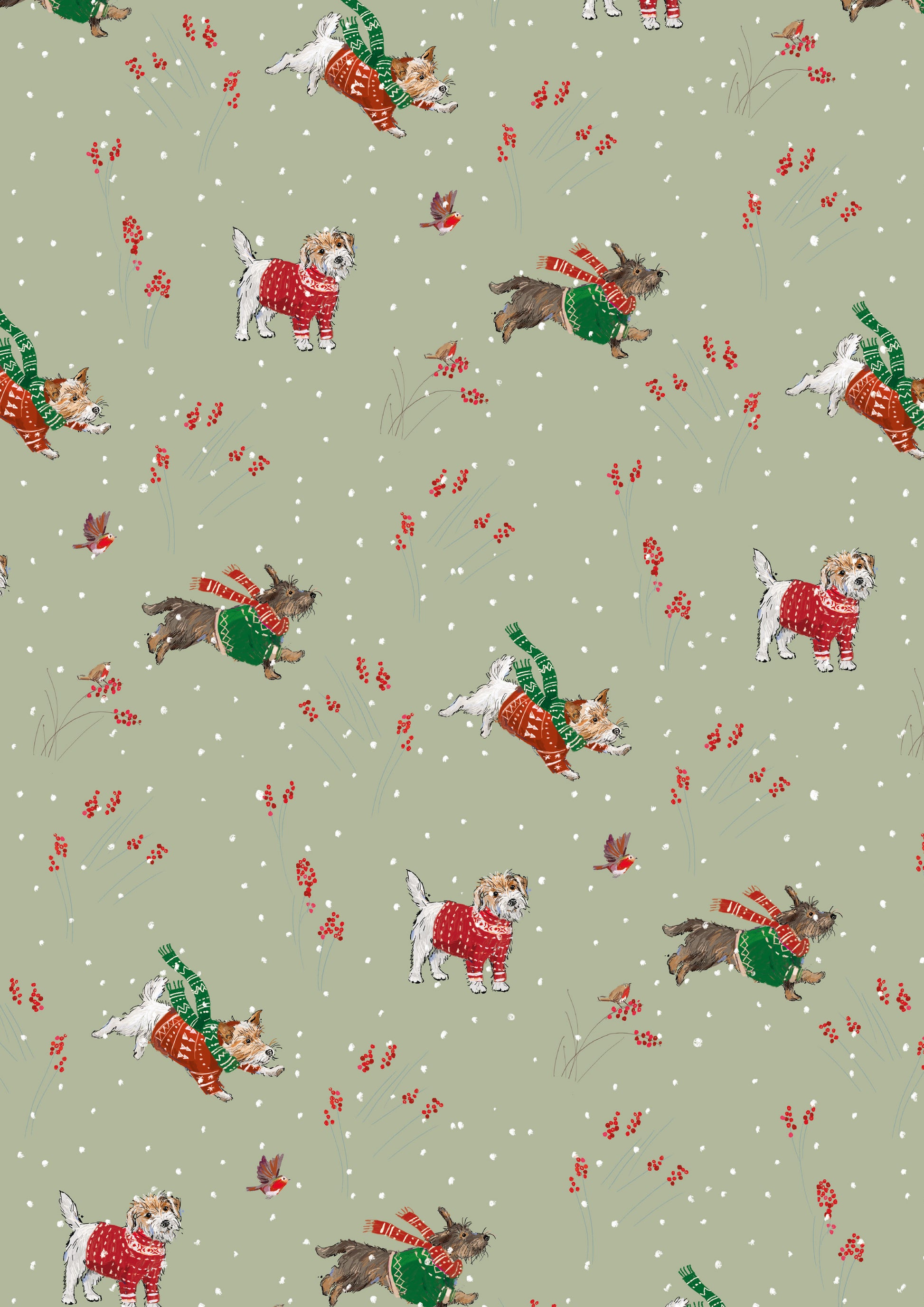 Pattern of dogs in sweaters and scarves on a light green background with small red flowers and robins.