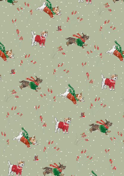Pattern of dogs in sweaters and scarves on a light green background with small red flowers and robins.