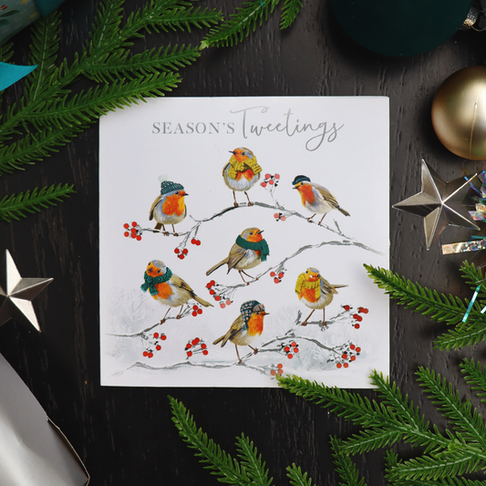 A square white Christmas greetings card titled 'Season's Tweetings' featuring illustrations of robin birds, wearing teal and yellow hats and scarves, perched on branches with red berries, styled on a dark black wooden surface with green pine branches and seasonal ornaments.