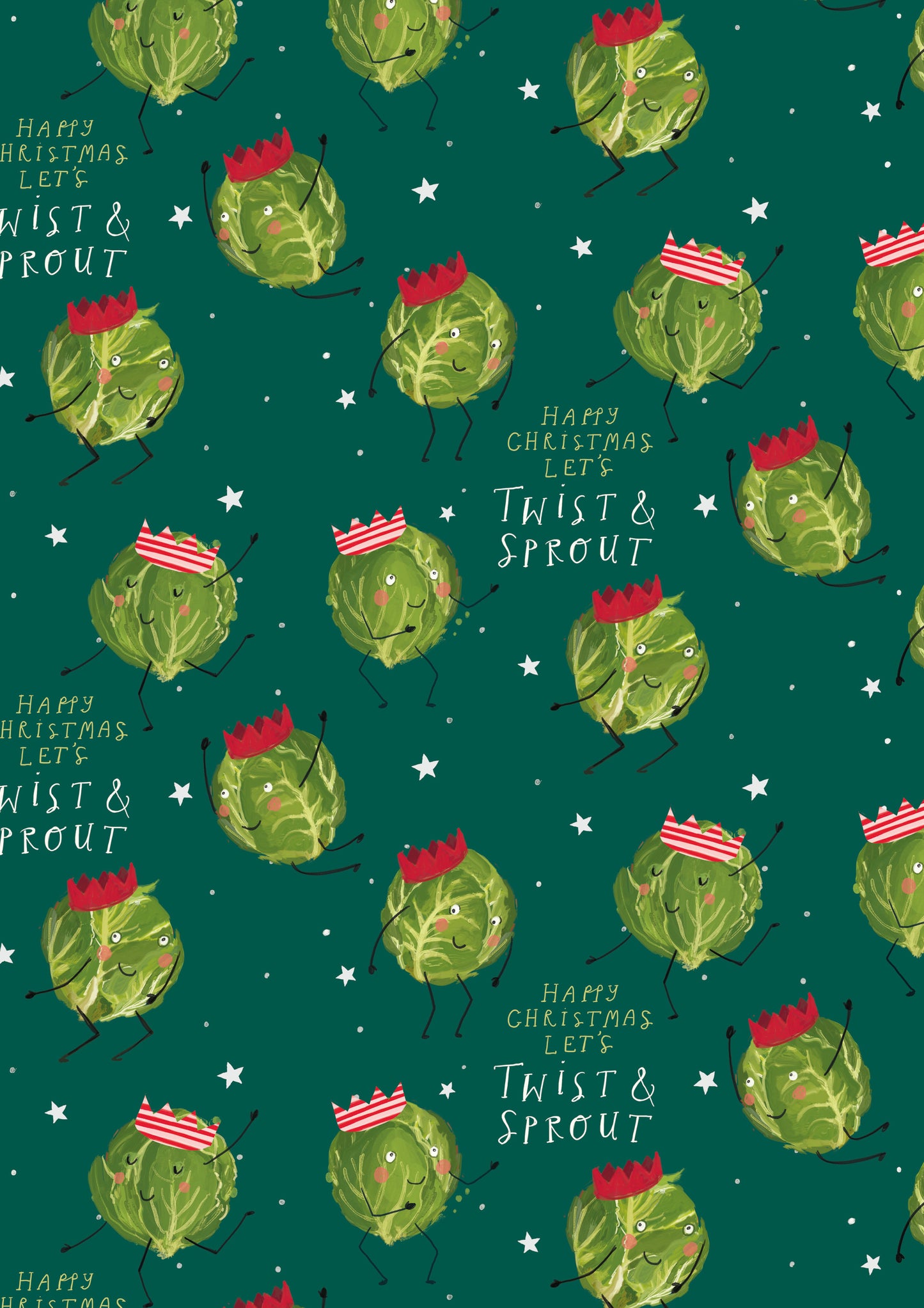 Pattern of green brussel sprouts with red and white hats on a green background with text stating 'Happy Christmas. Let's twist and sprout'.