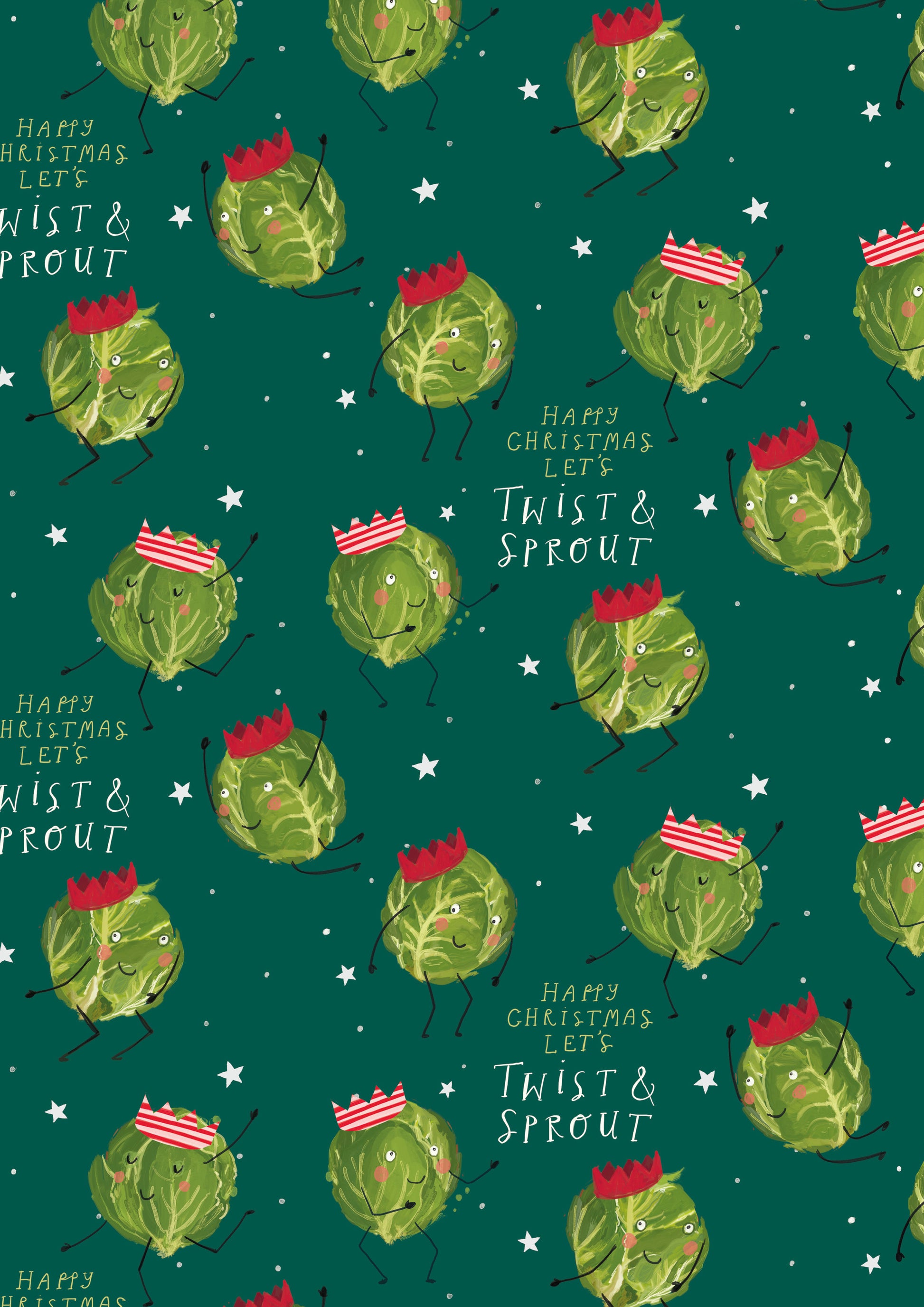 Pattern of green brussel sprouts with red and white hats on a green background with text stating 'Happy Christmas. Let's twist and sprout'.