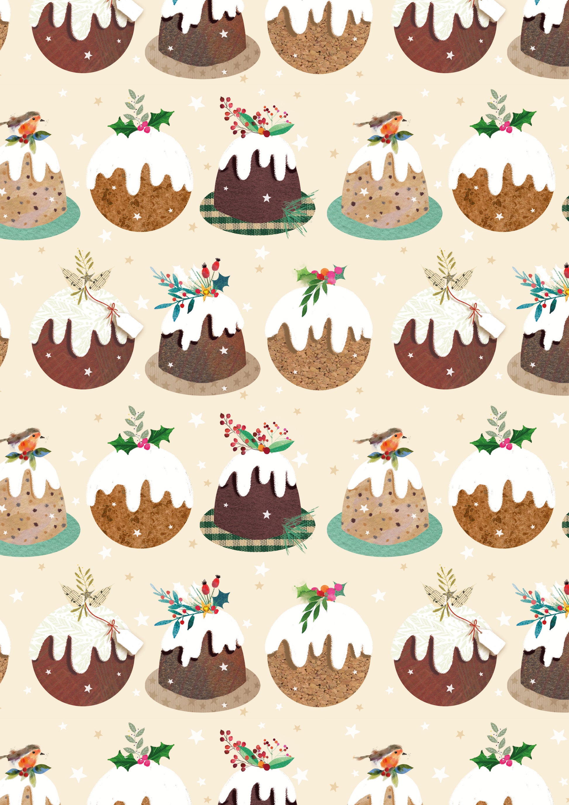 Pattern of Christmas puddings with decorative elements on a beige background