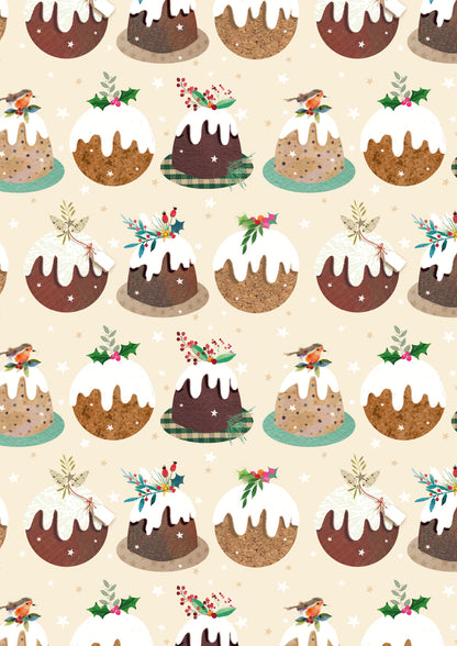 Pattern of Christmas puddings with decorative elements on a beige background